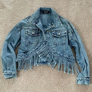 Blue B cropped denim jacket with fringe and silver details
